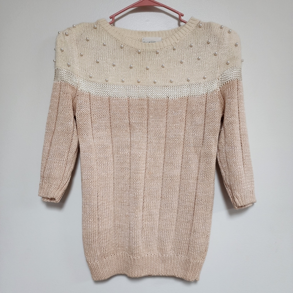 Vtg Lloyd Williams sweater coastal grandma pink wool blend beaded M